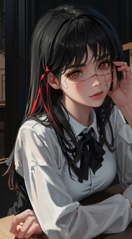 fotorrealista, Lip gloss, Pintura realista, best quality, Ultra high resolution, profundidade, cor pastel, sombreamento natural, foco no rosto, tapa-olhos, face only, Serious, poderoso, , Looking at the Viewer, cabelo grande (preto), red colored glasses, olhos castanhos bem detalhados, uniforme, Antecedentes detalhados, corpo inteiro