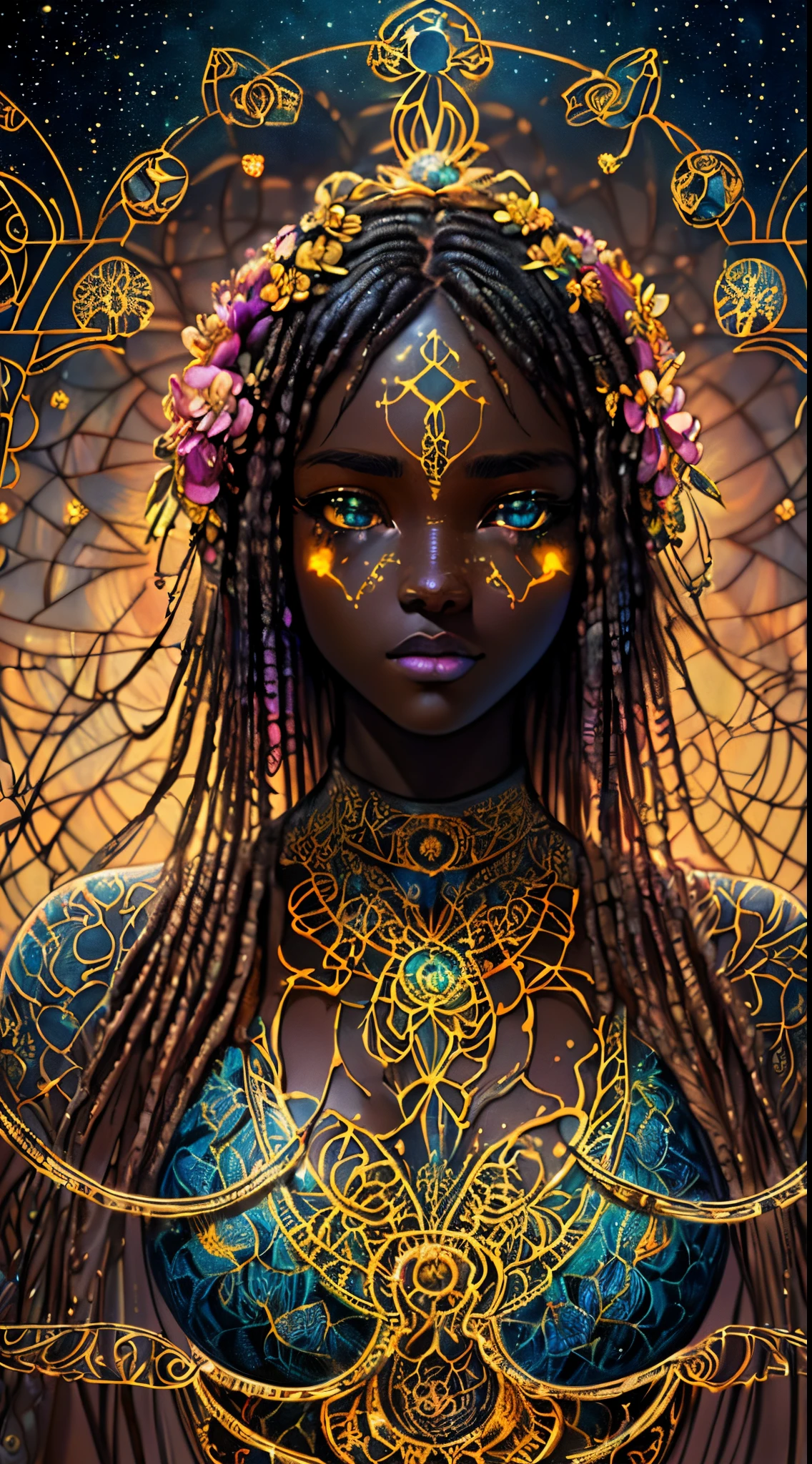 {Celestial hues, lofi, shiny aura, oil shine, cute, black girl in a crop top and baggy jeans, big pretty eyes} solo ((( perfet dark skintone, perfect flawless face, highly detailed, dynamic pose, intricate glowing motifs, beautifully detailed floral organic tracery, perfect composition, digital painting, artstation, concept art, smooth, sharp focus, illustration, Carne Griffiths, pixar, Victo ngai, Jean Baptiste Monge, beautiful, perfect eyes, full lips, 8k, best quality, full shot )))