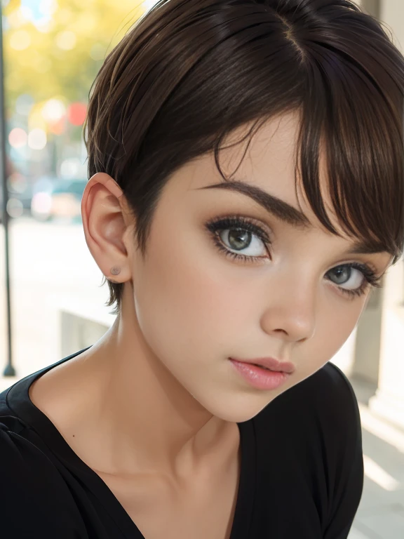 Photo of a 15-year-old European girl, .RAW, beautiful woman,pecas en mejillas y pecho ,hermosos  ojos azules(Light brown hair pixie haircut),corte de cabello pixie ((retrato)), ((Cara detallada:1.2)), ((Detailed facial features)), (Piel finamente detallada) ,lindo maquillaje, Purple eyeshadows on eyelids ,Un sexy(cool color), (Masutepiece) (proporciones perfectaotos realistas)(La mejor calidad), NffSW, (8k) (papel tapiz) (cinematic lighting) (Dramatic lighting) (foco nítido) (Enrevesado) , fondo variado , linda sonrisa, cuerpo completo, hermoso cuerpo de mujer ,  gargantilla negra , aretes de clip , vestido de Santa Claus , foto de cuerpo completo