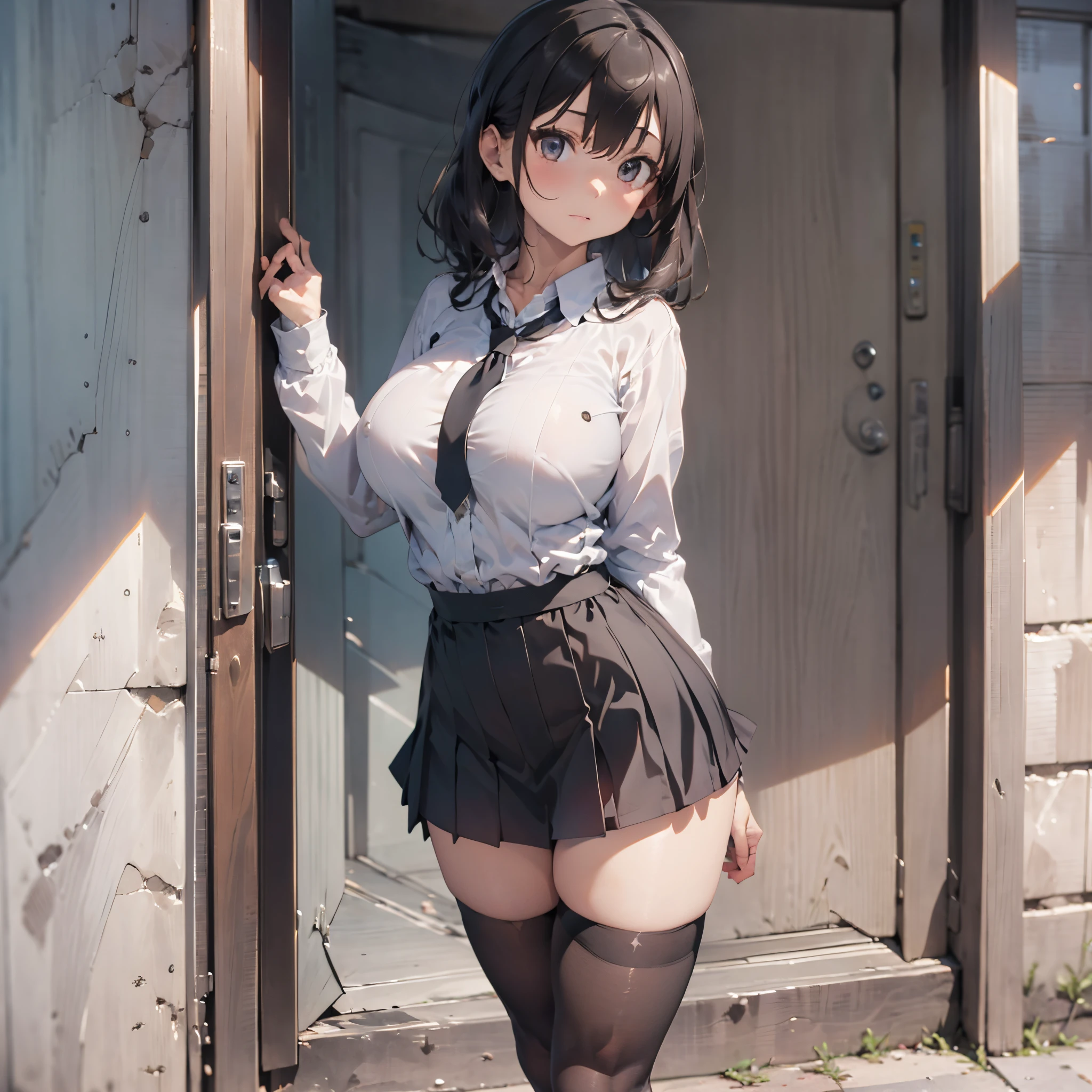 (1 girl standing:1.3), (solo:2.0), (huge perky breasts:2.0), (thin waist:1.3), (thin long legs:1.5), (black thighhighs:1.3), (very short miniskirt:1.8), nose blush, embarrassed, school uniform, cardigan