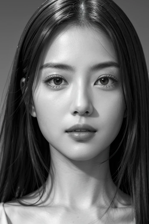 masutepiece, Best Quality, Photorealsitic, Ultra-detailed, finely detail, hight resolution, 8k wallpaper, Professional, high level of detail, ((monochromes)), 1girl in, ((Facing the front)), ((Vermilion lips)), Detailed clavicle, face perfect, straight haired, (look at a camera)