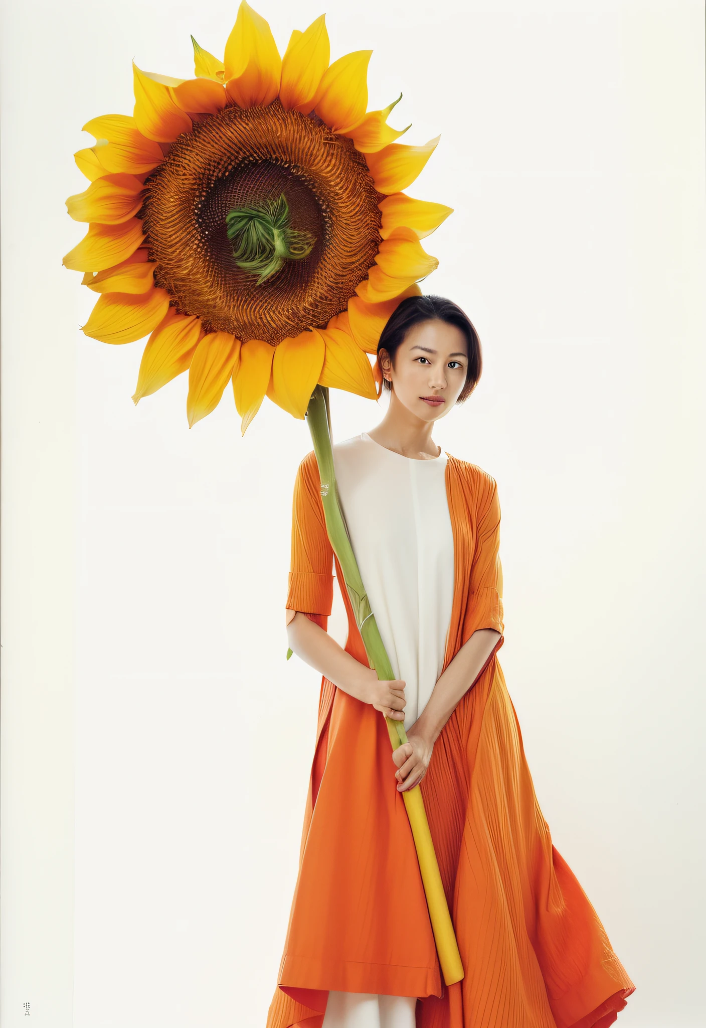 Diagonal, There is a woman holding a sunflower in her hand...., eiko ishioka, by Kiyohara Tama, by Tadashi Nakayama, by Yasushi Sugiyama, style of yoshii chie, By Yasutomo Oka, by Hiroshi Honda, by Hiroyuki Tajima, Full sun, Issey Miyake, masami kurumada, White background,