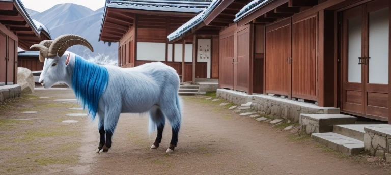 outside, goat, daylight, horns, blue hair, detached sleeves, bell, animal, ganyu, four legs