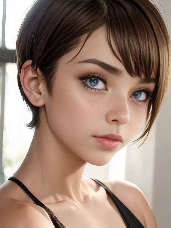 A 13 year old beautiful and slim girl with short hair. Tomboy hair style. Breast can be seen.