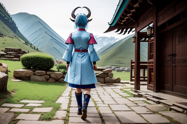 outside, goat, daylight, horns, blue hair, detached sleeves, bell, animal, ganyu, four legs