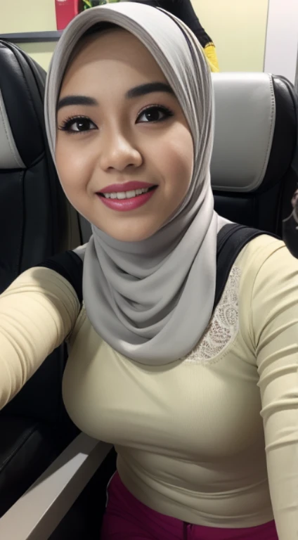 Malay girl in hijab wear white singlet and tight high waist pants, seating, wear back pack, front view, detail skin, detail skin texture, mole below eyes, small breast, small hip, small waist, small thigh, chubby abs, petite, short, beautiful body, evening, laughing, happy, bright lighting, blur background, bokeh,