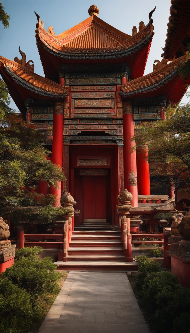 Chinese architecture temple,There are exquisite carvings on the red pillars