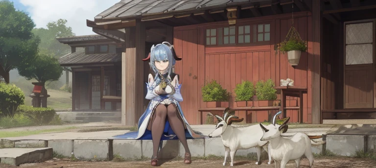 outside, goat, daylight, horns, blue hair, detached sleeves, bell, animal, ganyu, four legs