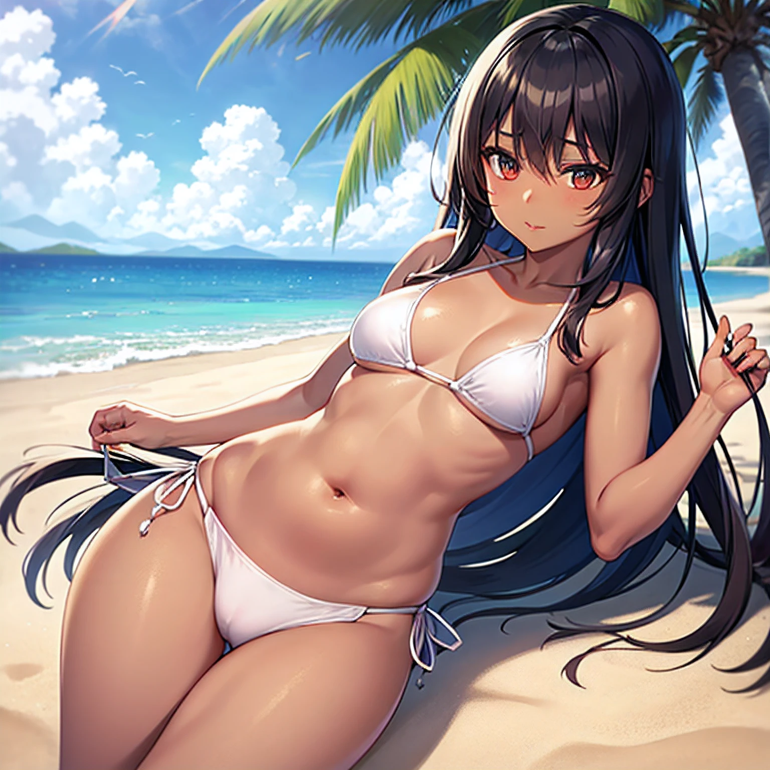 (Best Quality, High resolution,) Solo, house wife, (Dark skin:1.2), (chubby), (medium breasts:1.1), (Semi-long hair), Black hair, BREAK, White Side Tie Bikini Bottom, facing, Cowboy Shot, Beach,