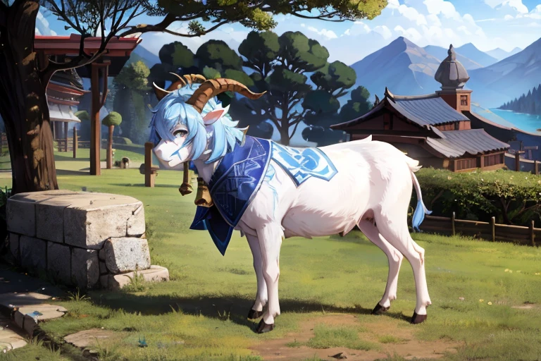 outside, goat, daylight, horns, blue hair, detached sleeves, bell, animal, ganyu, four legs