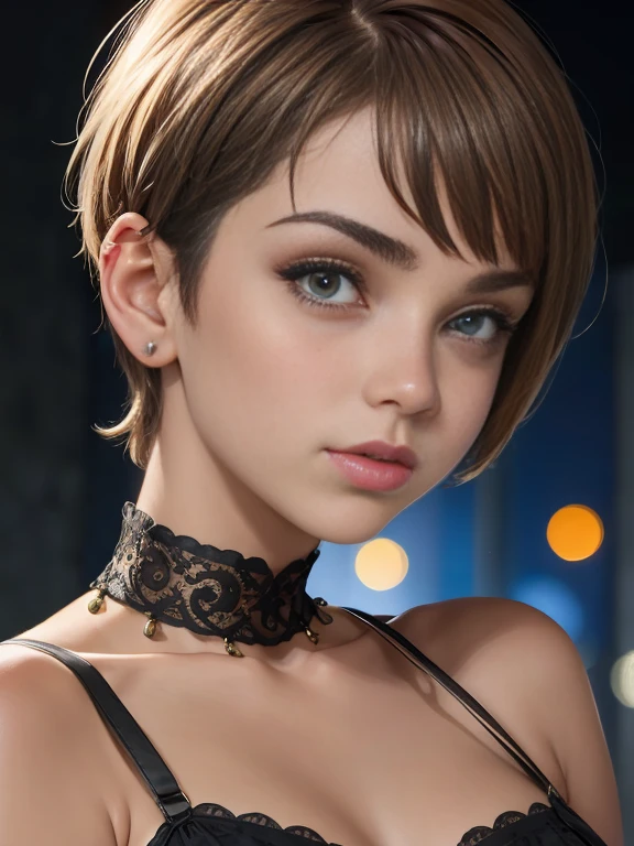 Photo of a 15-year-old European girl, RAW, beautiful woman, pecas en mejillas y nariz ,hermosos  ojos azules(Light brown hair pixie haircut),corte de cabello pixie ((retrato)), ((Cara detallada:1.2)), ((Detailed facial features)), (Piel finamente detallada) ,lindo maquillaje, Purple eyeshadows on eyelids (cool color), (Masutepiece) (proporciones perfectaotos realistas)(La mejor calidad), NffSW, (8k) (papel tapiz) (cinematic lighting) (Dramatic lighting) (foco nítido) (Enrevesado) , fondo variado , linda sonrisa, cuerpo completo, hermoso cuerpo ,  gargantilla negra , aretes de clip , vestido de Santa Claus , adornos de navidad , Christmas Dress, foto de cuerpo completo
