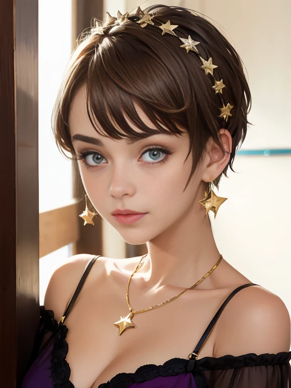 Photo of a 15-year-old European girl, RAW, beautiful woman, pecas en mejillas y nariz ,hermosos ojos azules(Light brown hair pixie haircut),corte de cabello pixie ((retrato)), ((Cara detallada:1.2)), ((Detailed facial features)), (Piel finamente detallada) ,lindo maquillaje, Purple eyeshadows on eyelids (cool color), (Masutepiece) (proporciones perfectaotos realistas)(La mejor calidad), NffSW, (8k) (papel tapiz) (cinematic lighting) (Dramatic lighting) (foco nítido) (Enrevesado) , fondo variado , linda sonrisa, cuerpo completo, hermoso cuerpo , gargantilla negra , aretes de clip , vestido de Santa Claus , adornos de navidad , Christmas Dress, foto de cuerpo completo
