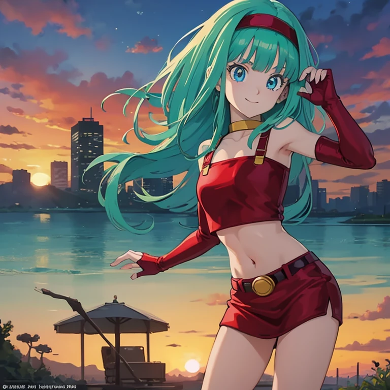 masterpiece, best quality, highest quality, photorealistic, perfect anatomy, perfect face, perfect eyes, aqua hair, brabulladbgt, red hairband, red gloves, red crop top, blue eyes, skirt, hoop earrings, choker, solo, 1 girl, city, outdoors, sexy pose, smile, sunset, sitting down.