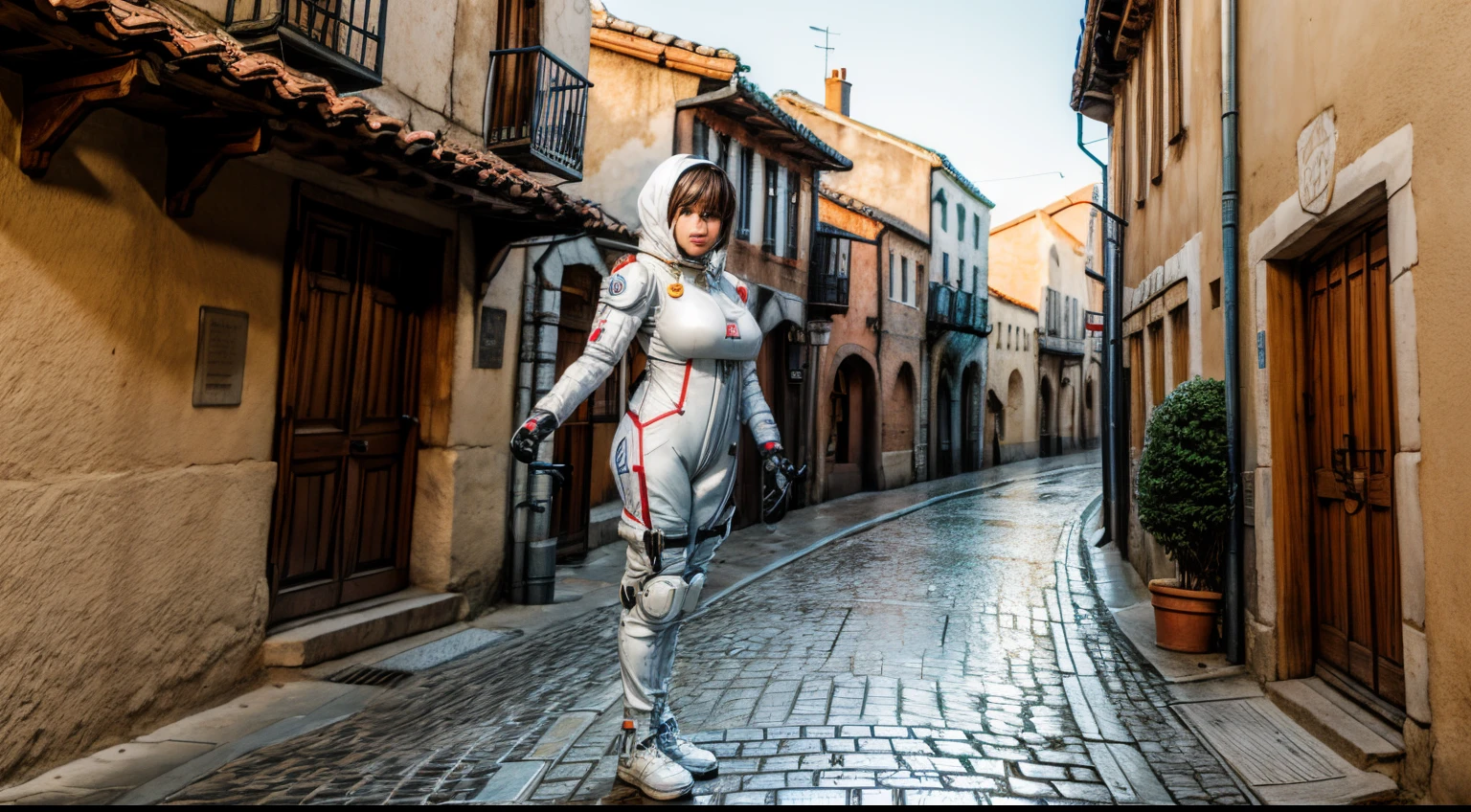 A female astronaut in a spacesuit stands in a medieval townscape, bimbo style, daylight, full body shot, giga_busty
