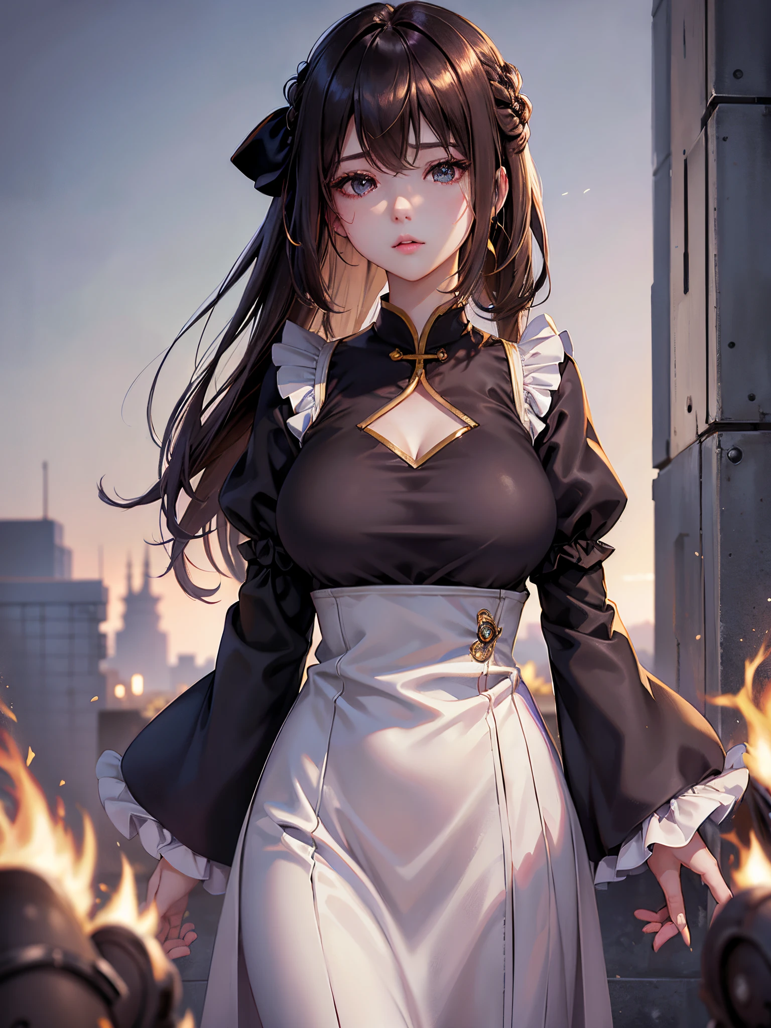 Best quality at best, (realisticlying:1.2), 1个Giant Breast Girl, Alone, 详细的脸, Face focus, Permanent, brunette color hair,(hair adornments:1.35),Female office staff, bow sleeves, separated sleeves, ribbontrim, Wide sleeves, (looking at viewert:1.5) long whitr hair, 黑The eye, By bangs, cparted lips,