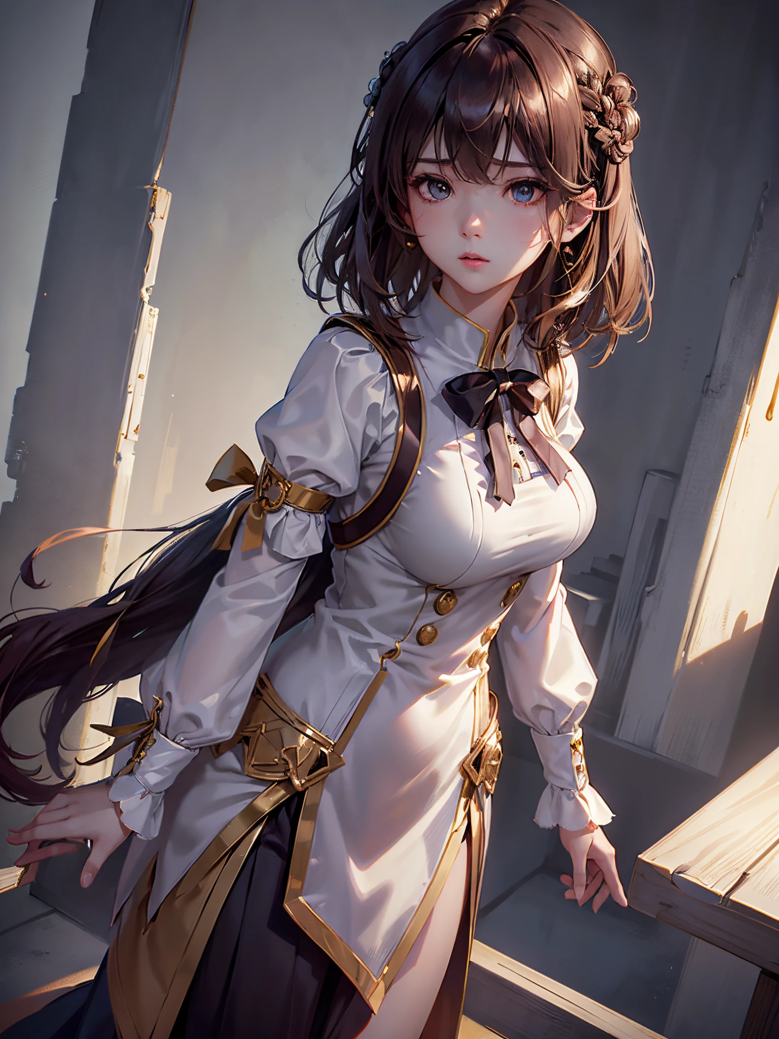 Best quality at best, (realisticlying:1.2), 1个Giant Breast Girl, Alone, 详细的脸, Face focus, Permanent, brunette color hair,(hair adornments:1.35),Female office staff, bow sleeves, separated sleeves, ribbontrim, Wide sleeves, (looking at viewert:1.5) long whitr hair, 黑The eye, By bangs, cparted lips,