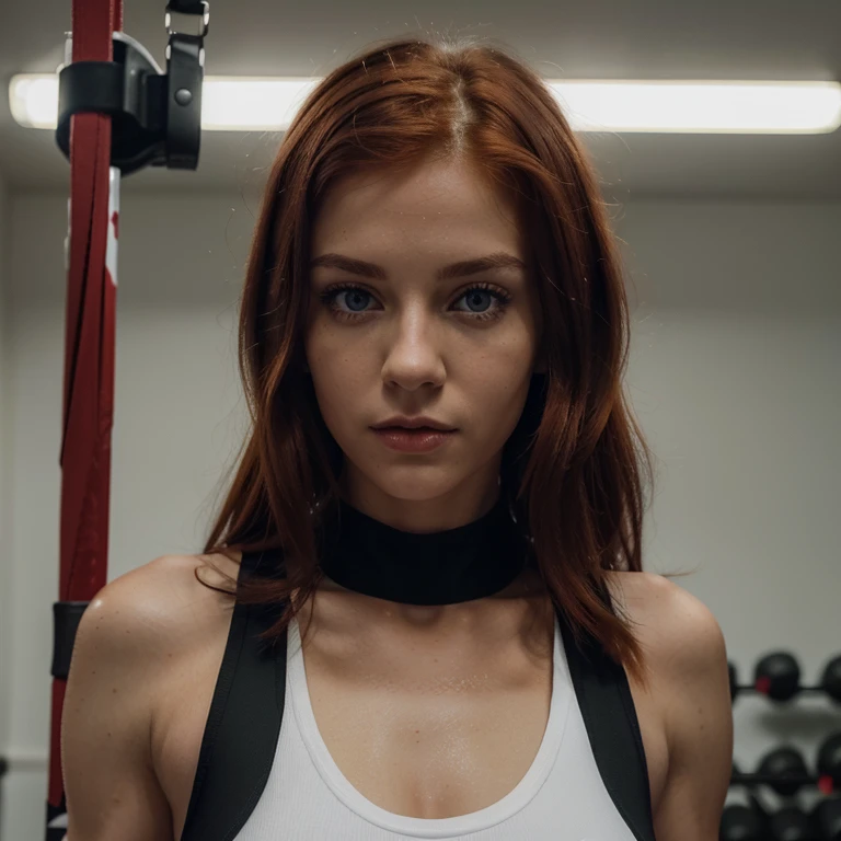 A Caucasian red hair mid 20s girl, fit, staring at the viewer, fit realistic at the gym somewhere in Eastern Europe, glowing hazel greenish eyes, intense, blood red and black uniform, solodramatic lightinasterpiece:1.2), best quality, high resolution, beautiful detailed, extremely detailed, perfect lighting,