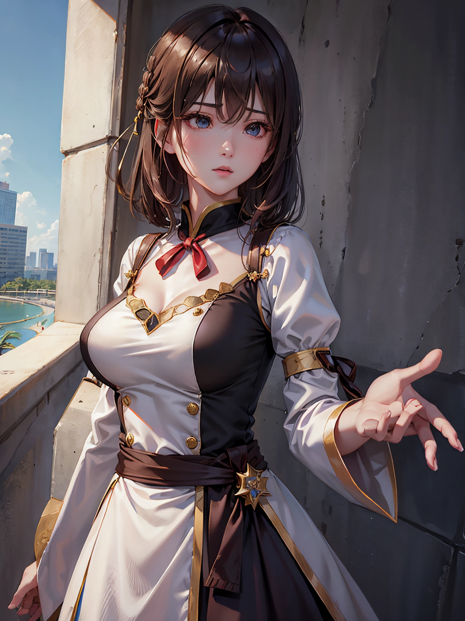 Best quality at best, (realisticlying:1.2), 1个Giant Breast Girl, Alone, 详细的脸, Face focus, Permanent, brunette color hair,(hair adornments:1.35),Female office staff, bow sleeves, separated sleeves, ribbontrim, Wide sleeves, (looking at viewert:1.5) long whitr hair, 黑The eye, By bangs, cparted lips,