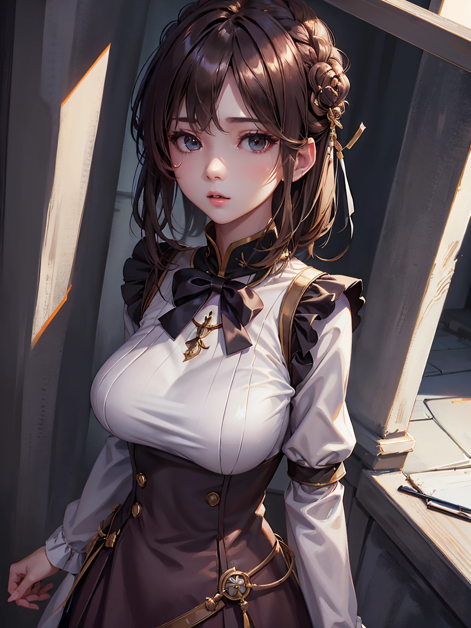 Best quality at best, (realisticlying:1.2), 1个Giant Breast Girl, Alone, 详细的脸, Face focus, Permanent, brunette color hair,(hair adornments:1.35),Female office staff, bow sleeves, separated sleeves, ribbontrim, Wide sleeves, (looking at viewert:1.5) long whitr hair, 黑The eye, By bangs, cparted lips,