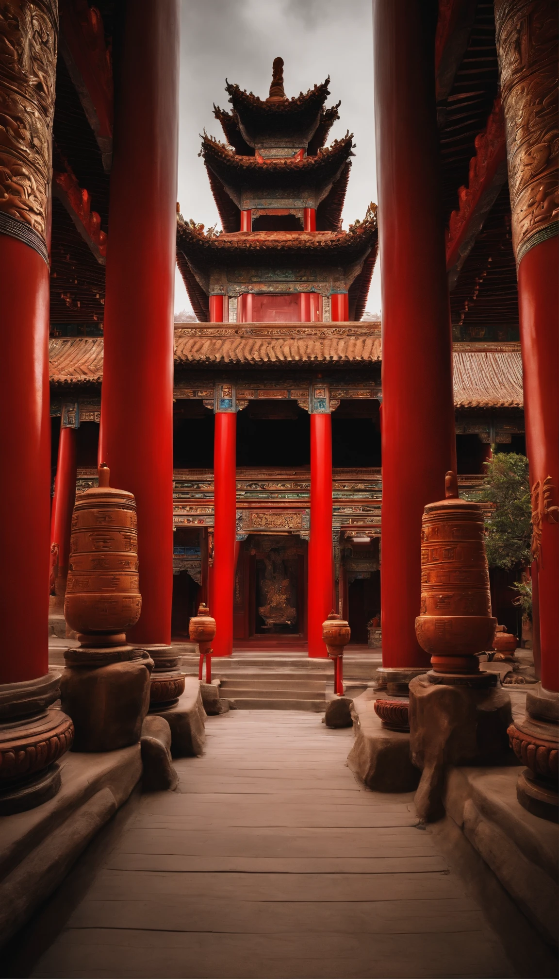 Chinese architecture temple，There are exquisite carvings on the red pillars