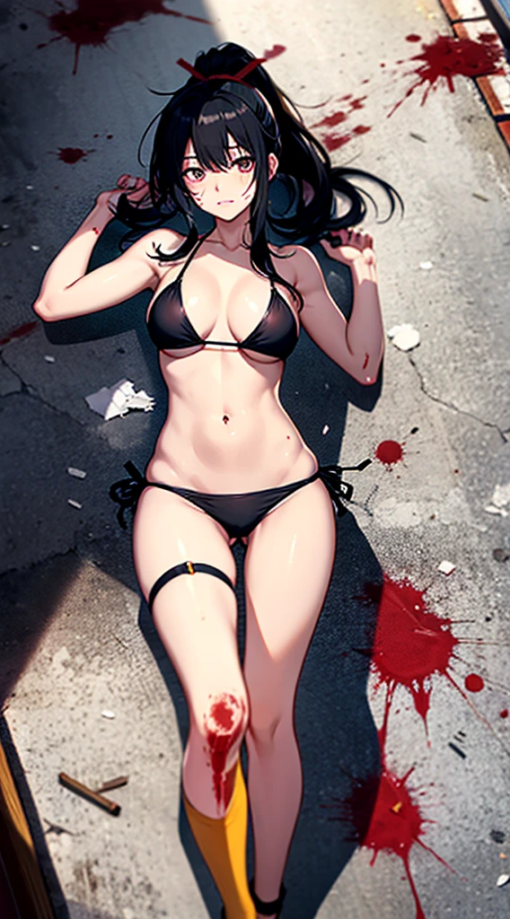 Anime girl wearing a string bikini,Black Hair, long-haired, long ponytail,There's blood stains on the body.. Blood stains on bikini Blood stains on arms and legs, Blood stains on the body..