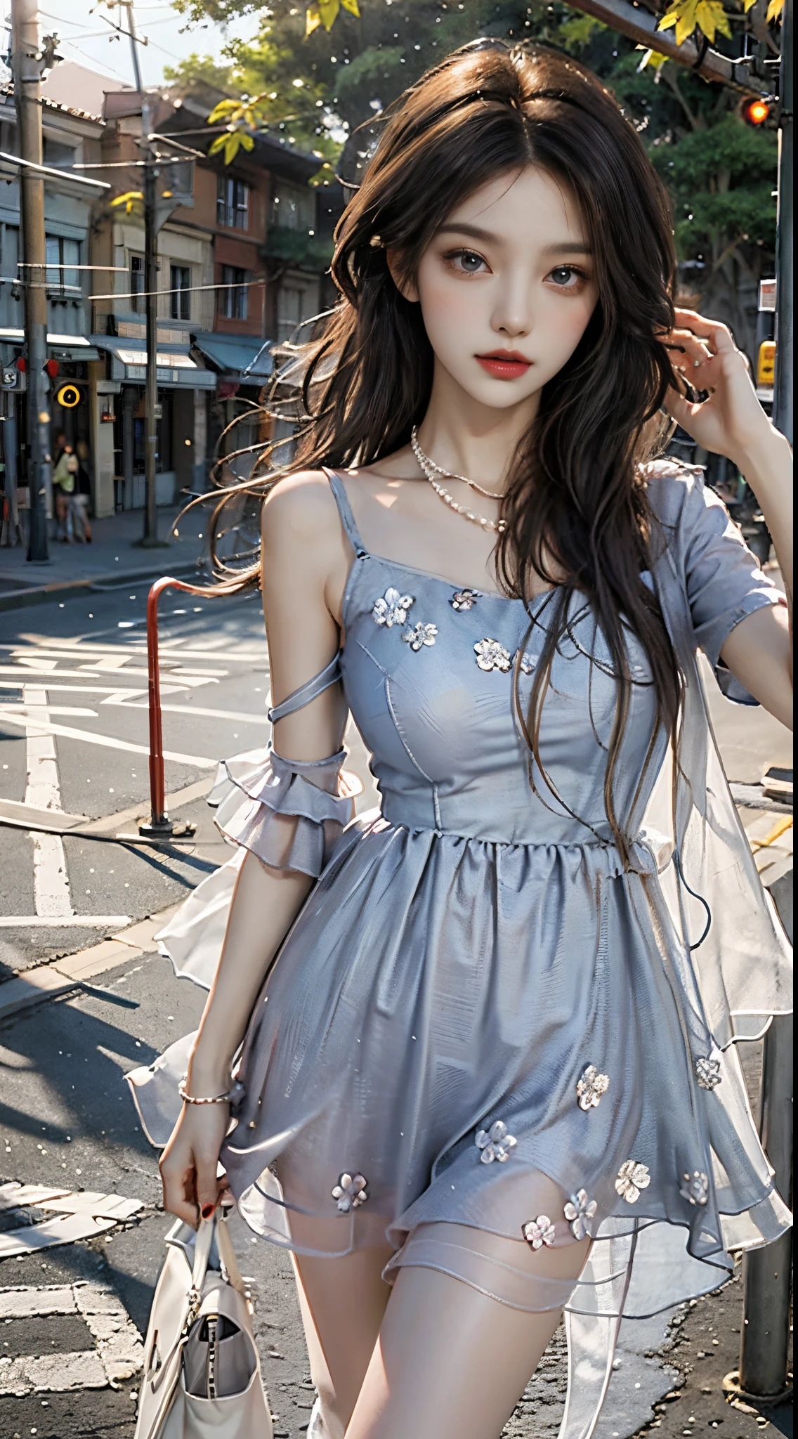 Sweet girl clothes2,pearl necklace,blue dress,flower, fashi-girl, red lips, mature female, makeup, Big eyes. Pretty eyes, ((Random shooting angles)), (best quality, masterpiece:1.2), ultra-detailed, (realistic:1.37), beautiful, youthful, glamorous model with (detailed eyes, detailed lips, extremely detailed eyes), with white and floral colors, showcasing a radiant smile, slender figure, long legs, creating a breathtaking depiction of a girl enjoying the sunshine, Outdoor sports, the beach, on the pier, Warm tones, extremely high color saturation, official art, extremely detailed CG unified 8k wallpaper,(High dynamic range :1.4), (cinematic),(soft colors, dull colors, soothing tones :1.3), (natural skin texture, ultra-realistic, soft light, sharp),(very detailed), Evening, autumn, autumn maple leaves, professional lighting, leaning against the guardrail, looking into the distance