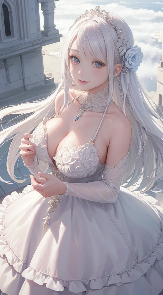 (Photorealista: 1.4)、masterpiece、side lights、Good anatomy、(extremely delicate and beautiful:1.2)、
1人、(From diagonally above:1.2)、masterpiecesportrait, realist, 3D Face、
Intricate details、Enlarged texture、
intricate-detail、grin、Plump lips、Smaller chest、A detailed face、
intricate detailes、white hair、Shiny leather,
perfect eyes、Equal eyes、Warm eyes、goddes、Gentle gaze, Perfect body、ighly detailed、Closed very long wedding dresses(Petal pink dress), Jeweled dresses, Engaging pose、Bring your arms forward、Castle in the sea of clouds、look at the fresh air