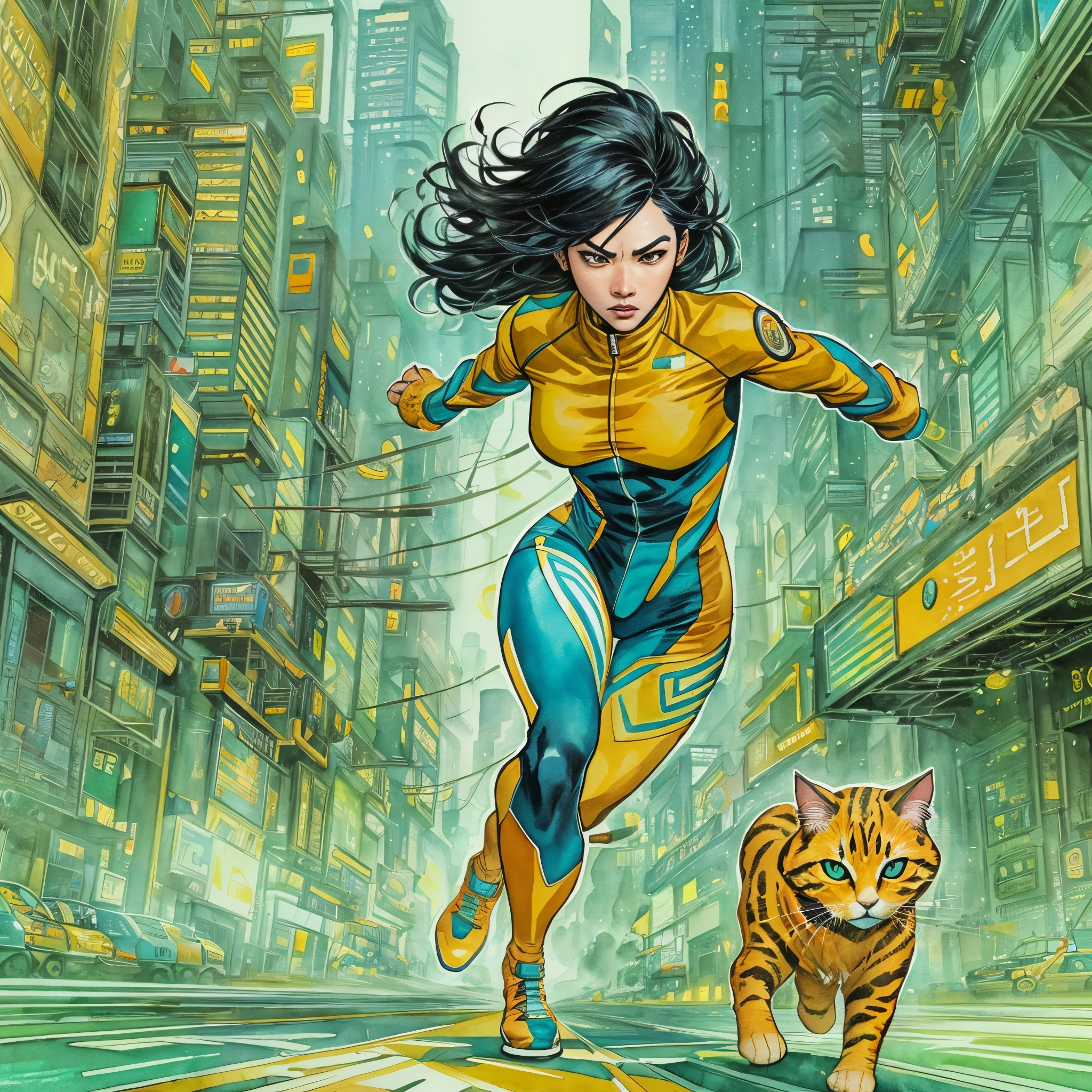 (comic style:1.3), (line art:1.5), (full body),(masterpiece, award winning, best quality:1.3), (flat color:1.3),(colorful:1.3)(futuristic city), ((solo)), 1 asian woman, super speedster, black hair (bob), wearing an orange spandex cat suit, small blue jacket, orange energy, running through a futuristic city, good form, speed lines, watercolor painting, art by Jim lee, cinematic, masterpiece, , detailed background, detailed material textures, serious, realistic 1.35, muscular 1.2