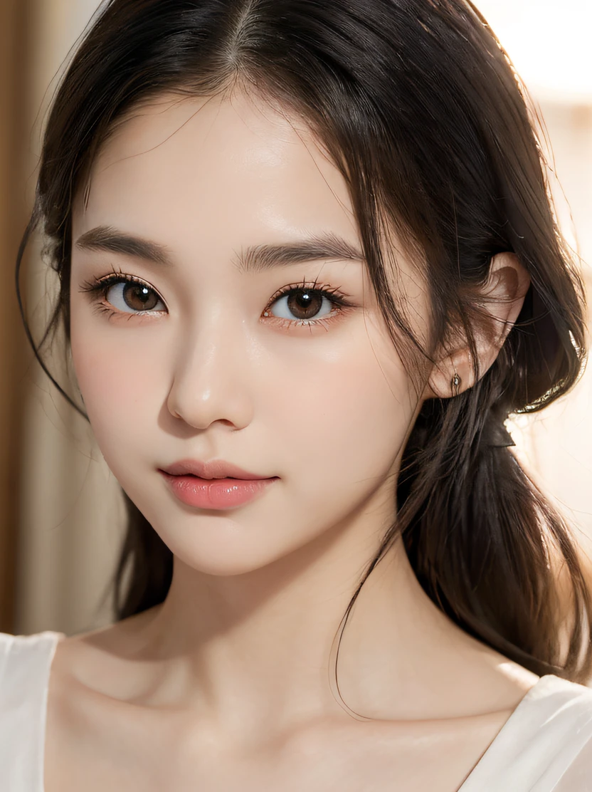 ((masterpiece、top-quality、realisitic、ultra-detailliert、hight resolution、Photorealsitic、foco nítido、lighting like a movie))、Stunning portrait of a beautiful woman、bustshot、High contrast、With an oval face and symmetrical facial structure、Big eyes、Khazar eye color、almond shape eyes、Straight and balanced nose、Soft wavy black hair、heart-shaped lip、Perfect eyebrows、Perfect ears、Soft skin、pale white skin、raise your chin slightly、Mouth closed、A slight smil 、Plain background、Focus from the chest up