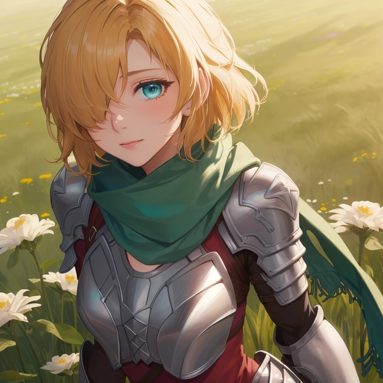 (({{masterpiece,best quality,ultra-detailed}}))  1girl, grass field,flower,wariza,looking at viewer,blonde short hair, armor, red hair band, breastplate,shoulder armor, bangs , (armor bootoots ,, green scarf ,armored boots,upper body, hair over one eye ,hair over one eye ,blue eyes ,gloves ,holding ,pantyhose ,