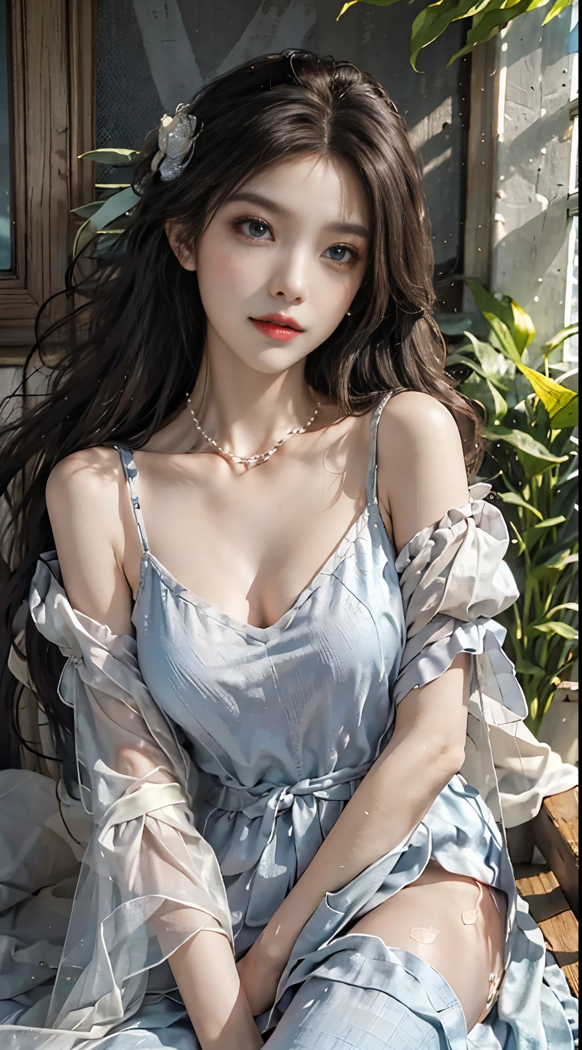 Sweet girl clothes2,pearl necklace,blue dress,flower, fashi-girl, red lips, mature female, makeup, Big eyes, Pretty eyes, ((full body)), ((Random shooting angles)), (best quality, masterpiece:1.2), ultra-detailed, (realistic:1.37), beautiful, youthful, glamorous model with (detailed eyes, detailed lips, extremely detailed eyes), with white and floral colors, showcasing a radiant smile, creating a breathtaking depiction of a girl, Warm tones, extremely high color saturation, official art,   extremely detailed CG unified 8k wallpaper,(High dynamic range :1.4), (cinematic),(soft colors,  dull colors,  soothing tones :1.3), (natural skin texture, ultra-realistic, soft light, sharp),(very detailed), Night, moonlight, In an antique pavilion, sit on a bench against the guardrail