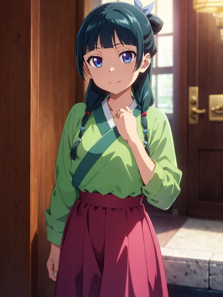 Maomao,1girl in,Blunt bangs,Green hair,Long hair,Blue eyes,Solo, Gon Green,side locks,Twin braids,hair over shoulder,hair beads,half updo,Single hair bun,Hair Ribbon,Blue Ribbon,hitornfreckles,Hanfu,Green kimono,Long sleeves,Wide sleeves,Purple skirt,long  skirt,shoes,, Exquisite visuals, hight resolution,masutepiece,Best Quality,, 18year old,infp young woman,Beautiful fingers,Beautiful long legs,Beautiful body,Beautiful nose,Beautiful character design, Perfect eyes, Perfect face,Expressive eyes, Official art,Highly detailed CG Unity 8K wallpaper, Perfect Lighting,Colorful, Bright_front_Face_Lighting,Shiny skin, (masutepiece:1.0),(best_quality:1.0), 超A high resolution,4K,Ultra-detailed, Photography, 8K, nffsw, hight resolution, absurderes:1.2, Kodak Portra 400, Film grain, Blurry background, Bokeh:1.2, Lens Flare, (Vibrant_Color:1.2), (Beautiful_Face:1.5),(narrow_waist), NSFW