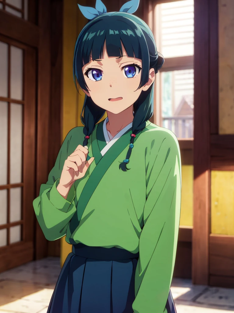 Maomao,1girl in,Blunt bangs,Green hair,Long hair,Blue eyes,Solo, Gon Green,side locks,Twin braids,hair over shoulder,hair beads,half updo,Single hair bun,Hair Ribbon,Blue Ribbon,hitornfreckles,Hanfu,Green kimono,Long sleeves,Wide sleeves,Purple skirt,long  skirt,shoes,, Exquisite visuals, hight resolution,masutepiece,Best Quality,, 18year old,infp young woman,Beautiful fingers,Beautiful long legs,Beautiful body,Beautiful nose,Beautiful character design, Perfect eyes, Perfect face,Expressive eyes, Official art,Highly detailed CG Unity 8K wallpaper, Perfect Lighting,Colorful, Bright_front_Face_Lighting,Shiny skin, (masutepiece:1.0),(best_quality:1.0), 超A high resolution,4K,Ultra-detailed, Photography, 8K, nffsw, hight resolution, absurderes:1.2, Kodak Portra 400, Film grain, Blurry background, Bokeh:1.2, Lens Flare, (Vibrant_Color:1.2), (Beautiful_Face:1.5),(narrow_waist), NSFW