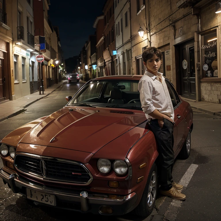 A boy with a car drink red wine street