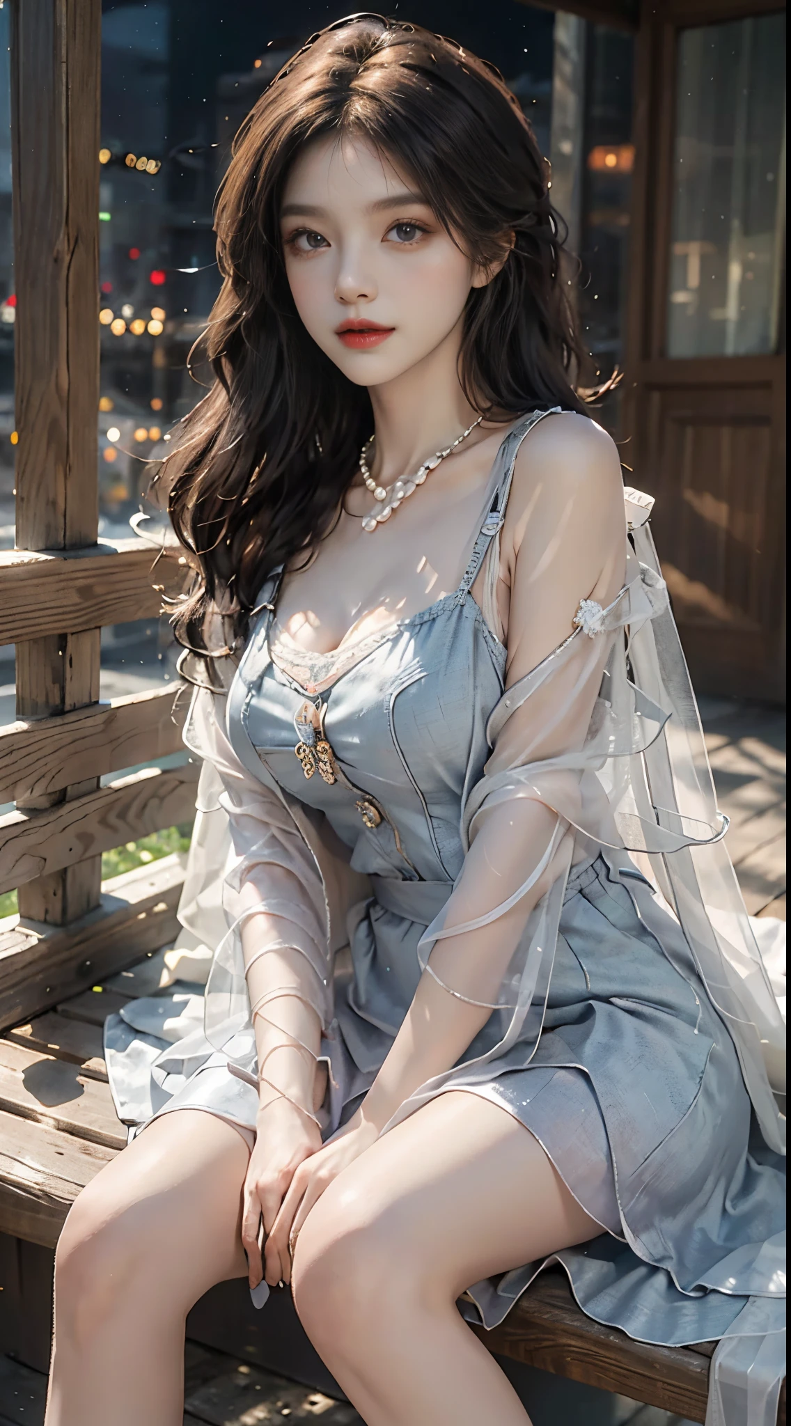 Sweet girl clothes2,pearl necklace,blue dress,flower, fashi-girl, red lips, mature female, makeup, Big eyes, Pretty eyes, ((full body)), ((Random shooting angles)), (best quality, masterpiece:1.2), ultra-detailed, (realistic:1.37), beautiful, youthful, glamorous model with (detailed eyes, detailed lips, extremely detailed eyes), with white and floral colors, showcasing a radiant smile, creating a breathtaking depiction of a girl, Warm tones, extremely high color saturation, official art, extremely detailed CG unified 8k wallpaper,(High dynamic range :1.4), (cinematic),(soft colors, dull colors, soothing tones :1.3), (natural skin texture, ultra-realistic, soft light, sharp),(very detailed), Night, moonlight, In an antique pavilion, sit on a bench against the guardrail