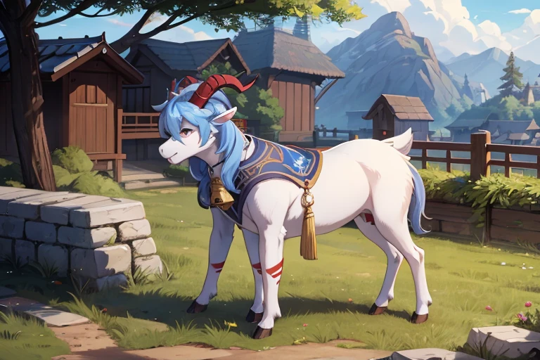 outside, goat, daylight, horns, blue hair, detached sleeves, bell, animal, ganyu, four legs, black horns with red stripes