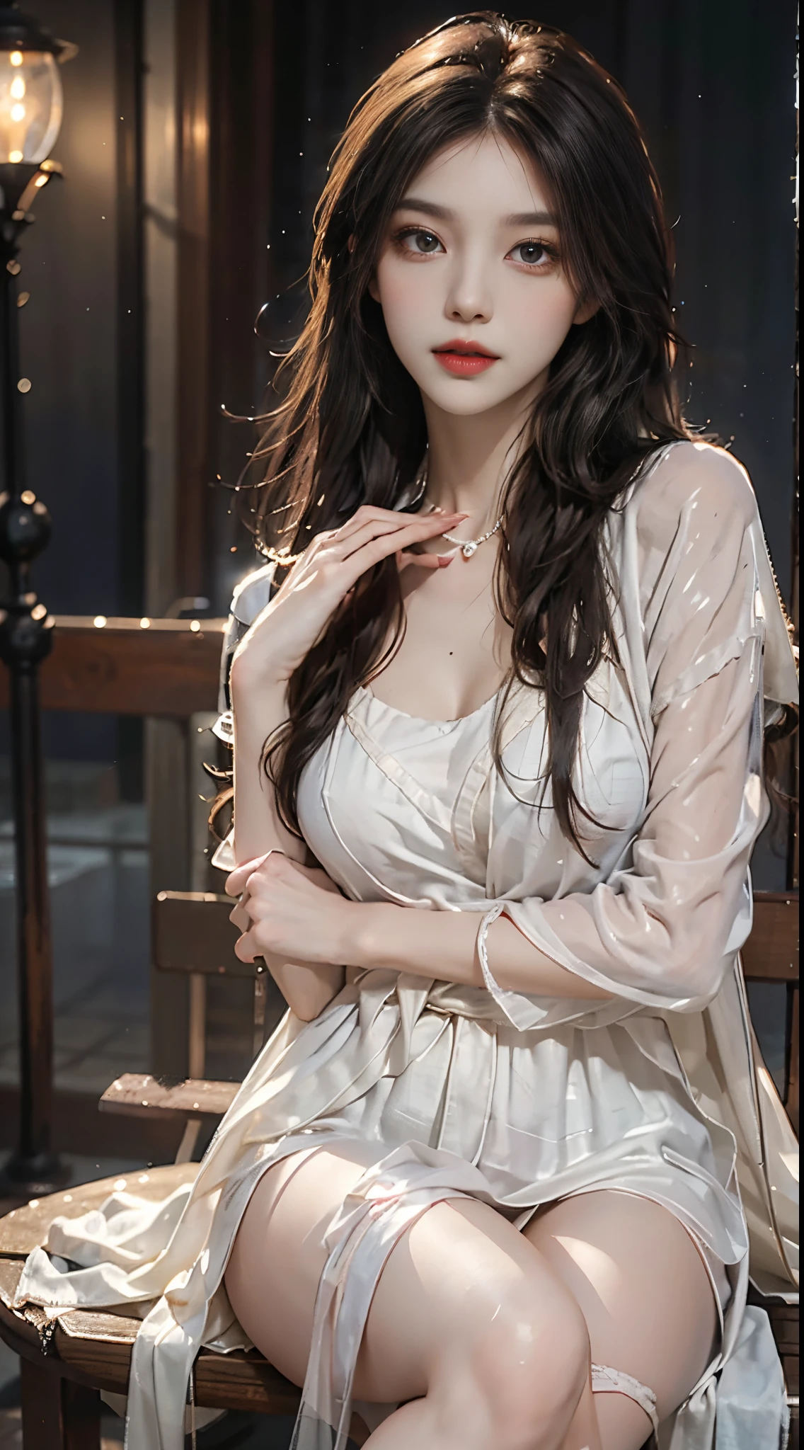 Sweet girl clothes2,pearl necklace,blue dress,flower, fashi-girl, red lips, mature female, makeup, Big eyes, Pretty eyes, ((full body)), ((Random shooting angles)), (best quality, masterpiece:1.2), ultra-detailed, (realistic:1.37), beautiful, youthful, glamorous model with (detailed eyes, detailed lips, extremely detailed eyes), with white and floral colors, showcasing a radiant smile, creating a breathtaking depiction of a girl, Warm tones, extremely high color saturation, official art, extremely detailed CG unified 8k wallpaper,(High dynamic range :1.4), (cinematic),(soft colors, dull colors, soothing tones :1.3), (natural skin texture, ultra-realistic, soft light, sharp),(very detailed), Night, moonlight, In an antique pavilion, sit on a bench against the guardrail
