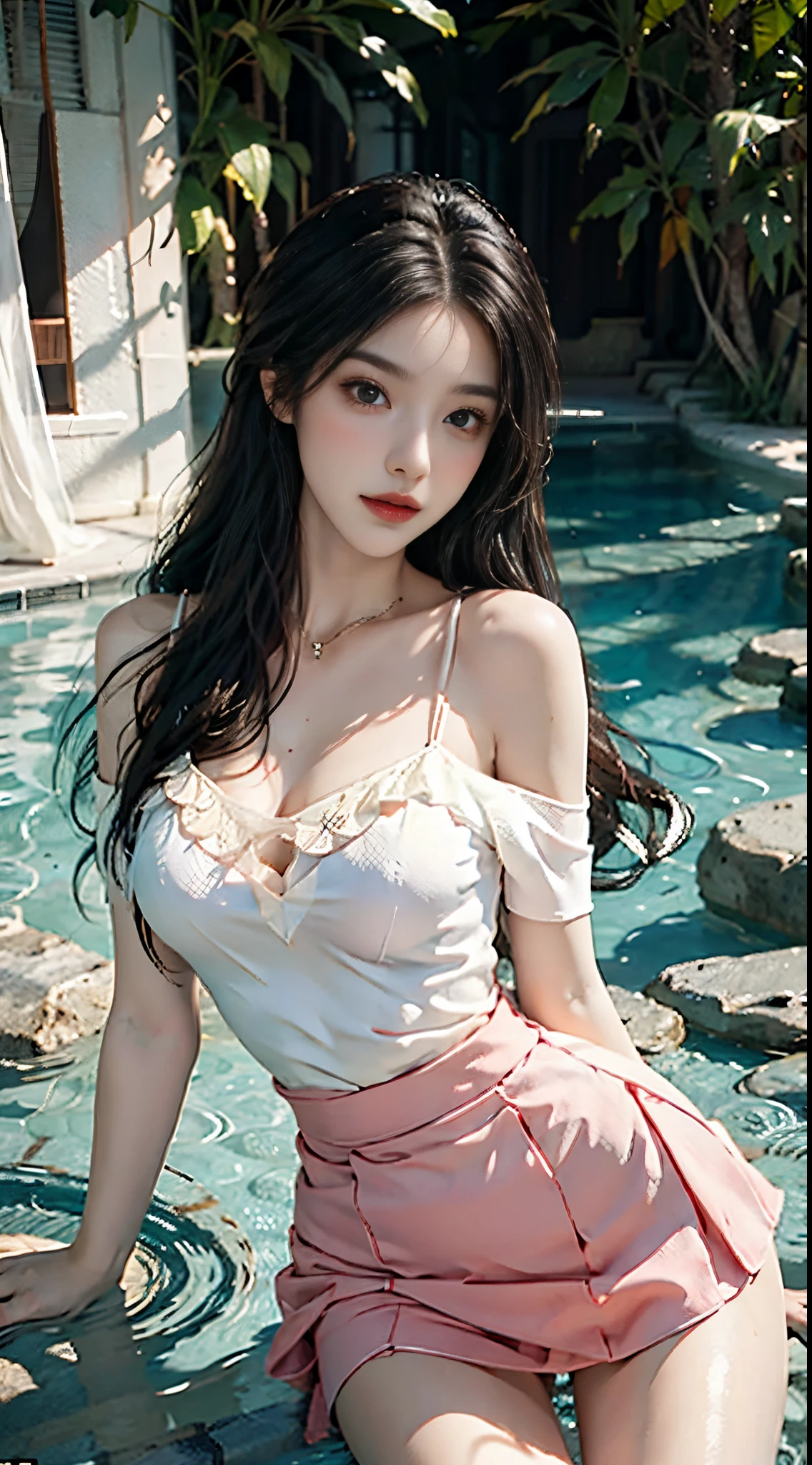 Sweet girl clothes5,high-waist skirt,jewelry,thighhighs, fashi-girl,red lips,mature female,makeup, makeup, ((realistic)), ((reality: 1.5)), ((cowboy shot)), (best quality, masterpiece:1.2), ultra-detailed, (realistic:1.37), beautiful, youthful, glamorous model with (detailed eyes, detailed lips, extremely detailed eyes), with white and floral colors, showcasing a radiant smile, slender figure, long legs, creating a breathtaking depiction of a girl enjoying the water, wet clothes and hair,  radiant sunlight,  Elegant pose, random pose, random Angle of view, Splashing in the pool