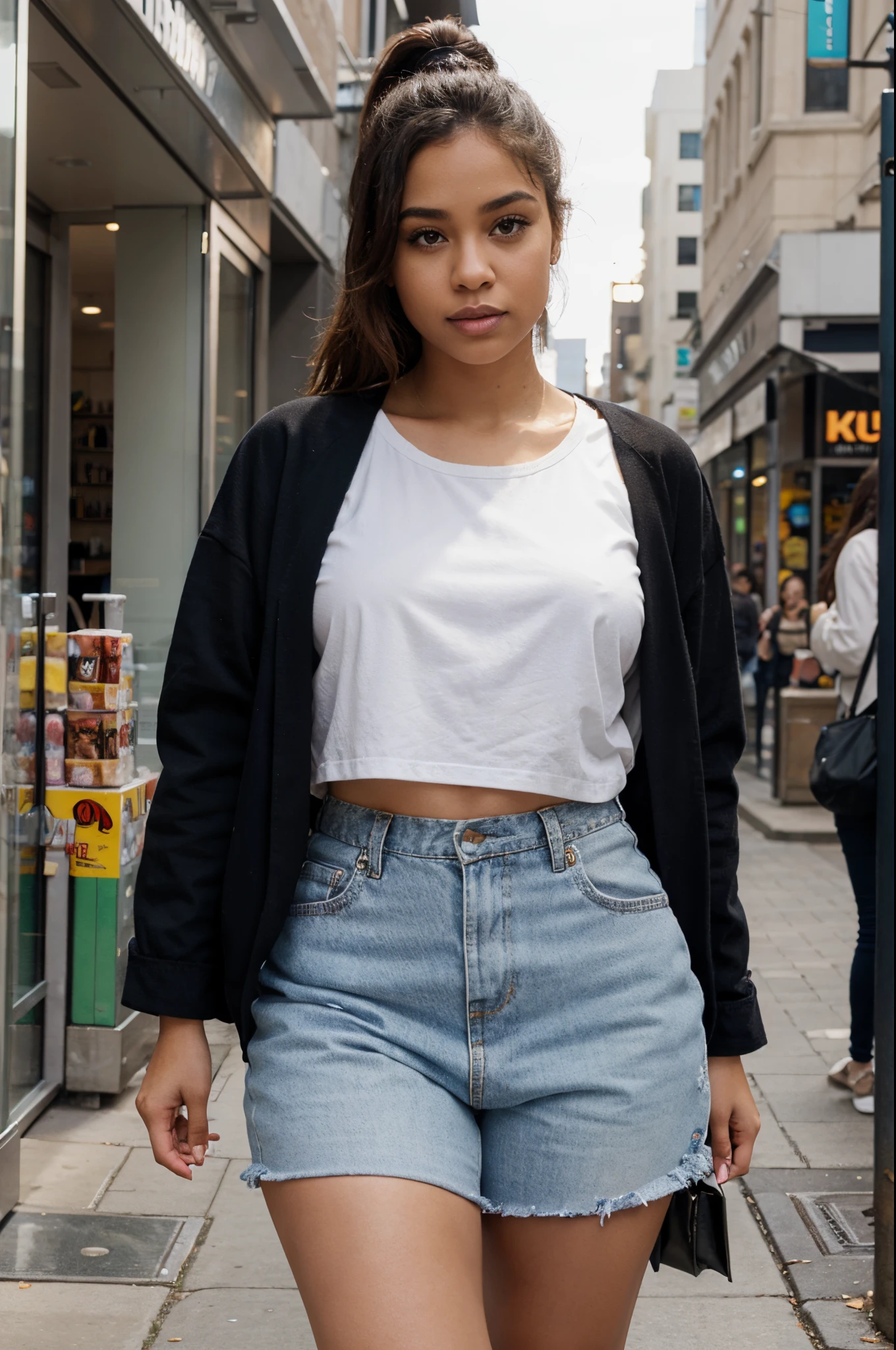 create a beautiful thick light skin girl, out shopping wearing urban clothing