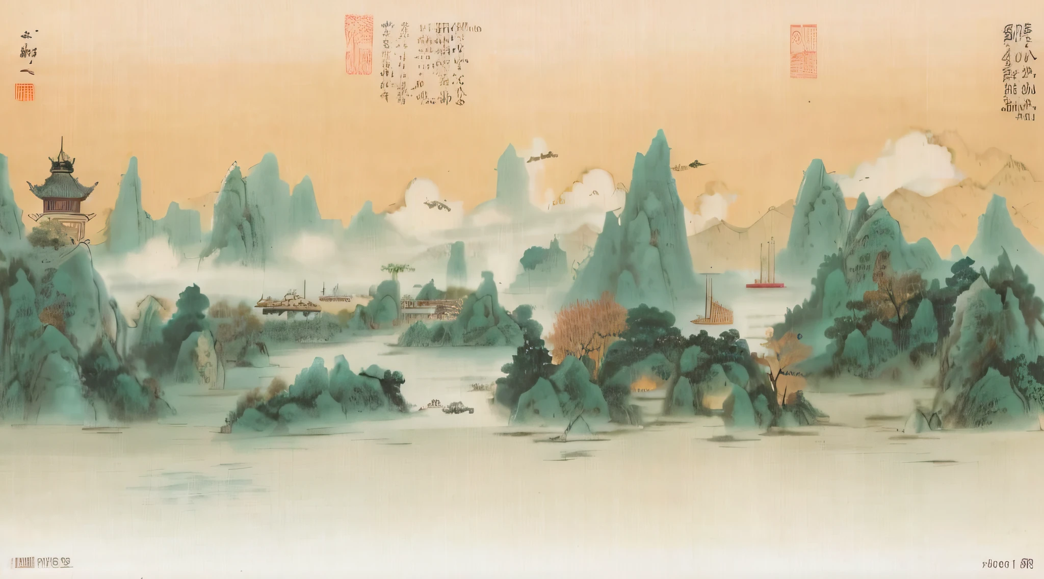 There is a painting of mountains and rivers with boats, chinese paintings, chinese painting style, Chinese landscape, by Chen Daofu, landscape artwork, traditional chinese art, ancient china art style, In line with ancient Chinese aesthetics, in a serene landscape, author：Qiu Ying, author：Li Zai, inspired by Tang Yin, old chines painting