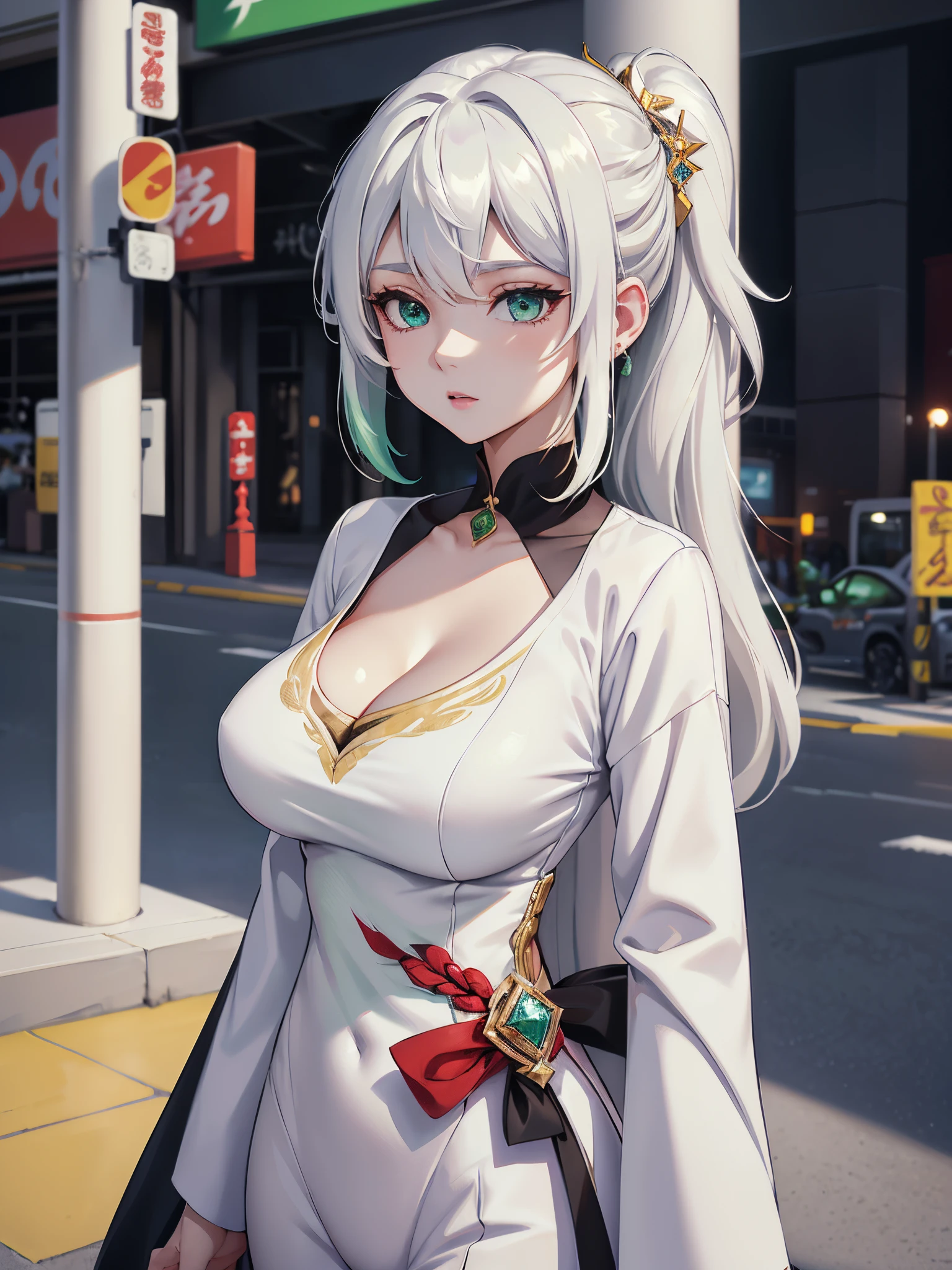 tmasterpiece , Best quality at best,Nahida(genshin impact), 1个Giant Breast Girl , white shirt:1.5 ,side ponytails ,White hair ,Colorful hair, green-eyed,leisure wear , has cleavage , Black collar, Bao , Green hair,Heavy traffic , City life