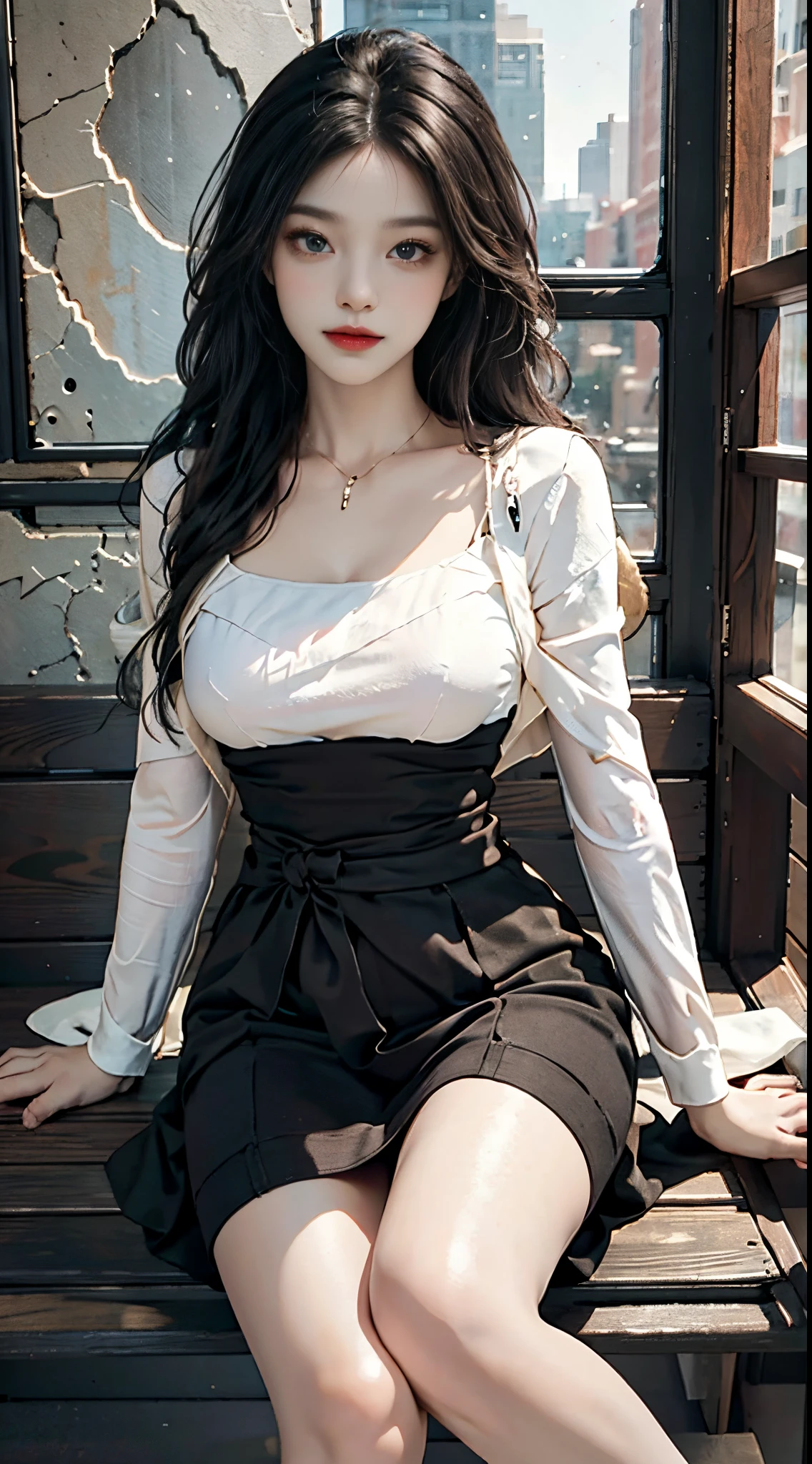 Sweet girl clothes5,high-waist skirt,jewelry,thighhighs, fashi-girl, red lips, mature female, makeup, Big eyes, Pretty eyes, ((full body)), ((Random shooting angles)), (best quality, masterpiece:1.2), ultra-detailed, (realistic:1.37), beautiful, youthful, glamorous model with (detailed eyes, detailed lips, extremely detailed eyes), with white and floral colors, showcasing a radiant smile, creating a breathtaking depiction of a girl, Warm tones, extremely high color saturation, official art, extremely detailed CG unified 8k wallpaper,(High dynamic range :1.4), (cinematic),(soft colors, dull colors, soothing tones :1.3), (natural skin texture, ultra-realistic, soft light, sharp),(very detailed), Night, moonlight, In an antique pavilion, sit on a bench against the guardrail
