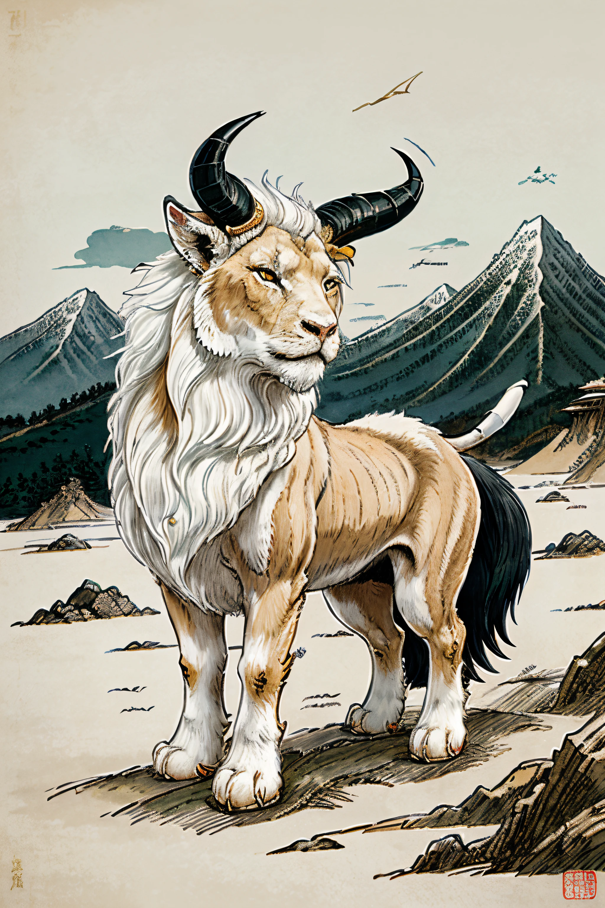 Mountains and seas classical Chinese painting hand-painted style Ukiyo-e style mountains and sea background gold dark green color mythical beast Bai Ze (body like a lion, Body and hair are white, 黑The eye, Head with goat-like horns, Long ears, sharp talons, and white wings)