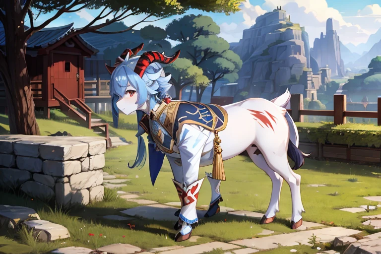outside, goat, daylight, horns, blue hair, detached sleeves, bell, animal, ganyu, four legs, black horns with red stripes, sleeves, covered legs