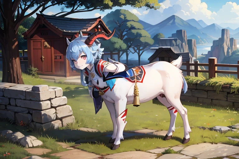 outside, goat, daylight, horns, blue hair, detached sleeves, bell, animal, ganyu, four legs, black horns with red stripes, sleeves, covered legs