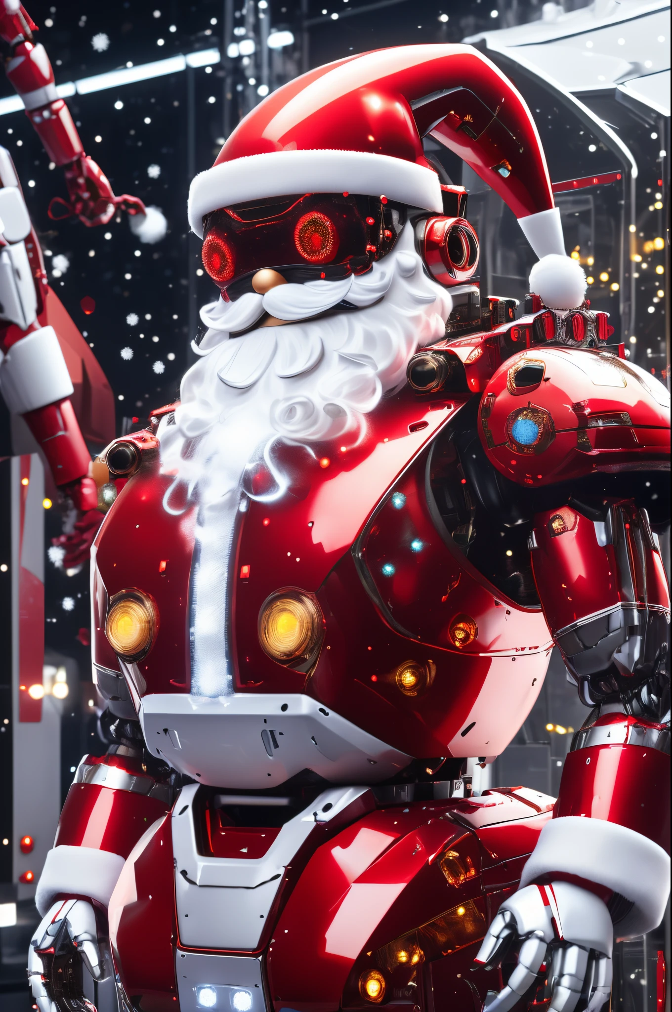 Robot Santa, Futuristic mechanical design,Combining elements of traditional Santa Claus with advanced technology. The robot may have a sleek metal body, Illuminated LED light, and a robotic arm that can efficiently distribute gifts.. It could have a digital display on its face,Imitate Santa's expression of joy and kindness. The scene can be set in a high-tech workshop full of automated machinery and conveyor belts, Robot Santa is busy preparing and sorting gifts for delivery. This futuristic twist on the traditional Santa Claus blends the magic of Christmas with the innovations of modern technology.