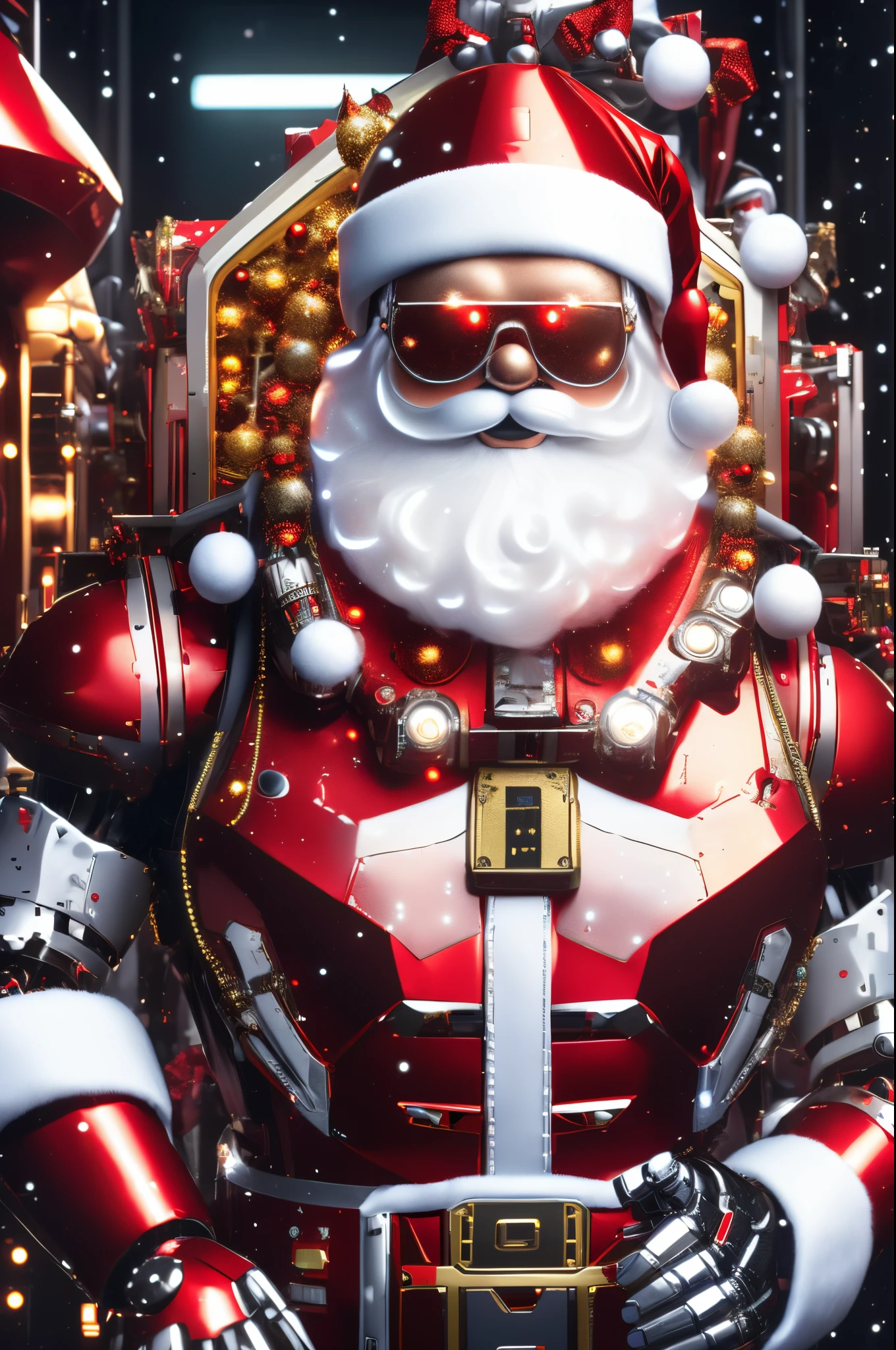 Robot Santa, Futuristic mechanical design，Combining elements of traditional Santa Claus with advanced technology. The robot may have a sleek metal body, Illuminated LED light, and a robotic arm that can efficiently distribute gifts.. It could have a digital display on its face，Imitate Santa&#39;s expression of joy and kindness. The scene can be set in a high-tech workshop full of automated machinery and conveyor belts, Robot Santa is busy preparing and sorting gifts for delivery. This futuristic twist on the traditional Santa Claus blends the magic of Christmas with the innovations of modern technology.