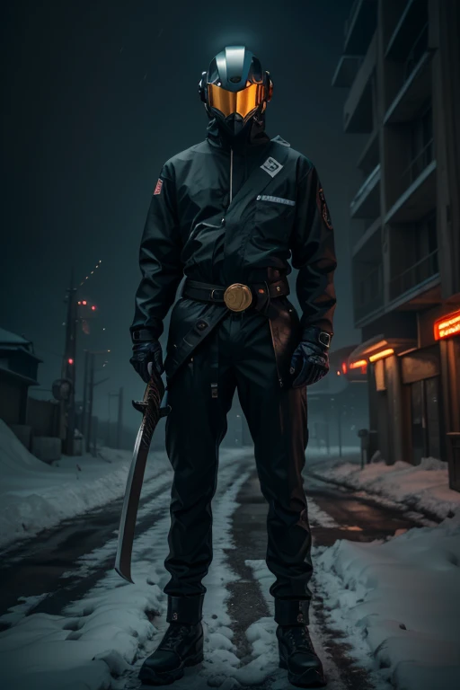 panoramic image, drone view, excessively detailed and extremely realistic, realistic sci-fi photo of a futuristic character with a full body suit with metal parts and a dark shiny hitech-style helmet that covers the entire face with the visor. In his left hand, he holds a large, complex katana with gold details, while a plasma pistol is clipped to his waist, belts cross his legs, and he wears a long worn oversized jacket, a scarf that moves with the air and a Japanese urban techwear style, with dark pants, he looks like a post-apocalyptic mercenary from the future, the snow does not stop falling and keeps the landscape melancholic and mysterious, night