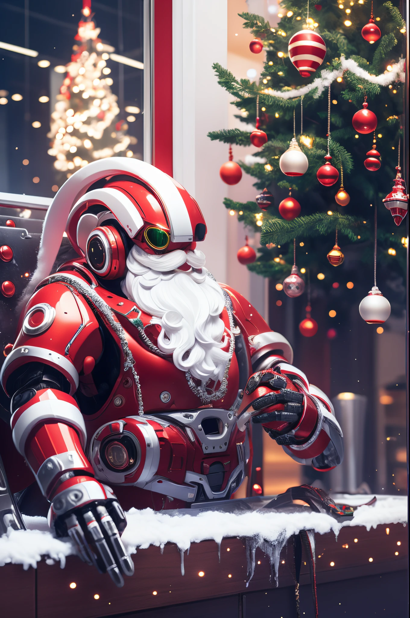 Robot Santa, Futuristic mechanical design，Combining elements of traditional Santa Claus with advanced technology. The robot may have a sleek metal body, Illuminated LED light, and a robotic arm that can efficiently distribute gifts.. It could have a digital display on its face，Imitate Santa&#39;s expression of joy and kindness. The scene can be set in a high-tech workshop full of automated machinery and conveyor belts, Robot Santa is busy preparing and sorting gifts for delivery. This futuristic twist on the traditional Santa Claus blends the magic of Christmas with the innovations of modern technology.