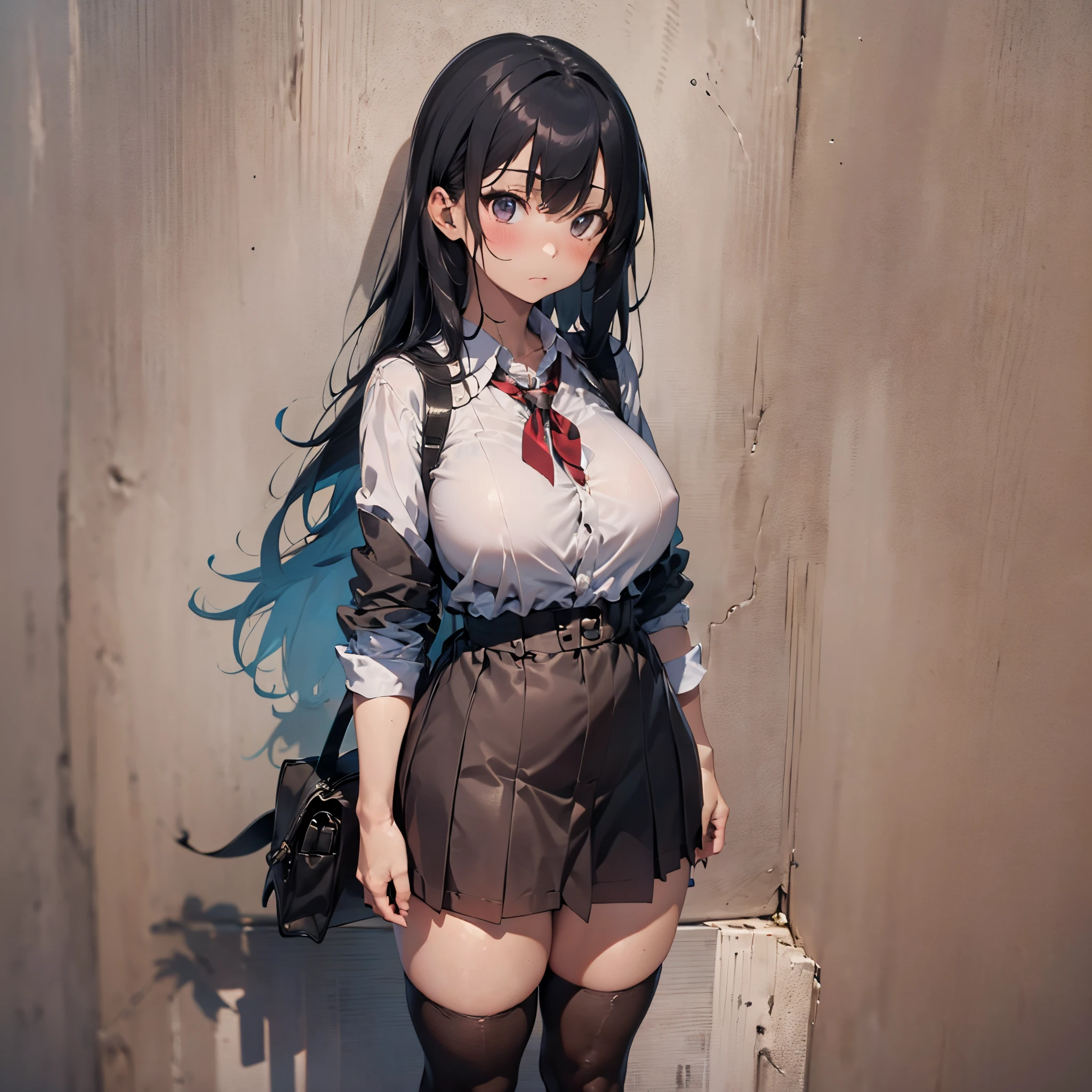 (1 girl standing:1.3), (solo:2.0), (huge perky breasts:2.0), (thin waist:1.3), (thin long legs:1.5), (black thighhighs:1.3), (very short miniskirt:1.8), nose blush, embarrassed, school uniform, cardigan, pussy juice